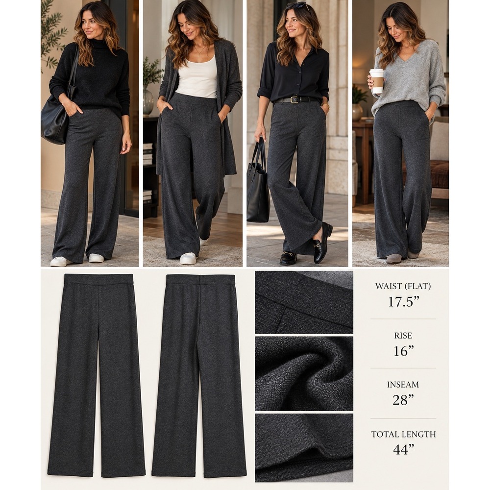 J.Jill Wearever Pants L Charcoal Wide Leg Pull On Stretch Knit Travel Workwear